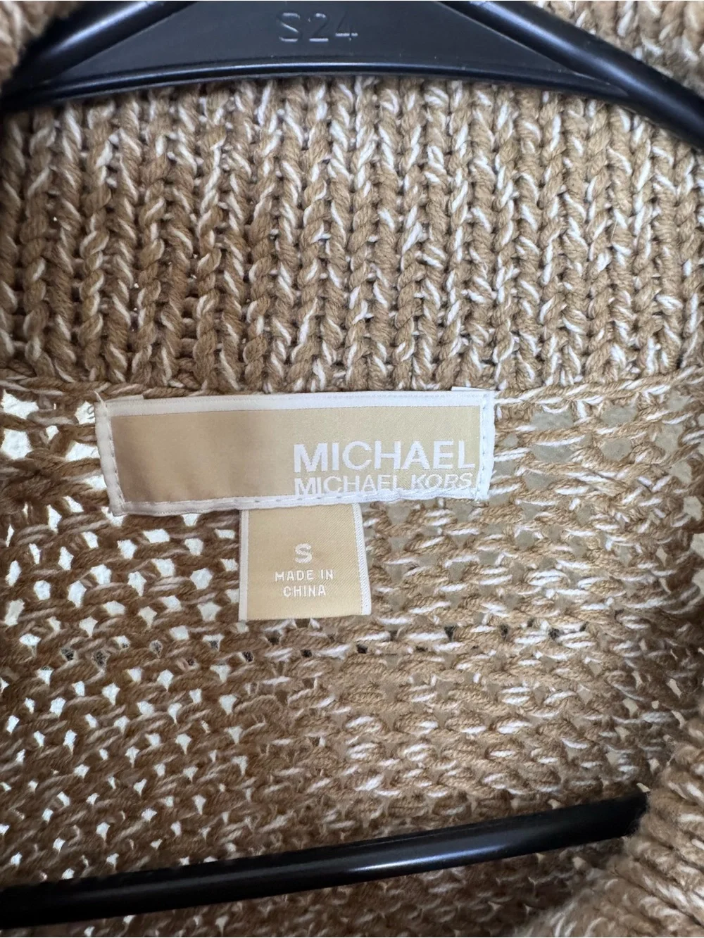Michael Kors Beige Toggle Knit Cardigan with Dark Leather & Gold Accents
